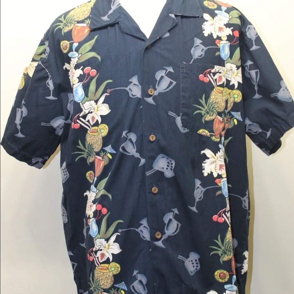 Steve & Barry Hawaiian Men Shirt Pineapple Blue Cocktails L 100% Cotton Summer